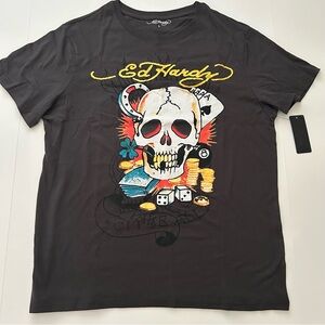 Ed Hardy Ace Skull Charcoal Grey Short Sleeve Cotton Blend T-Shirt Size Large